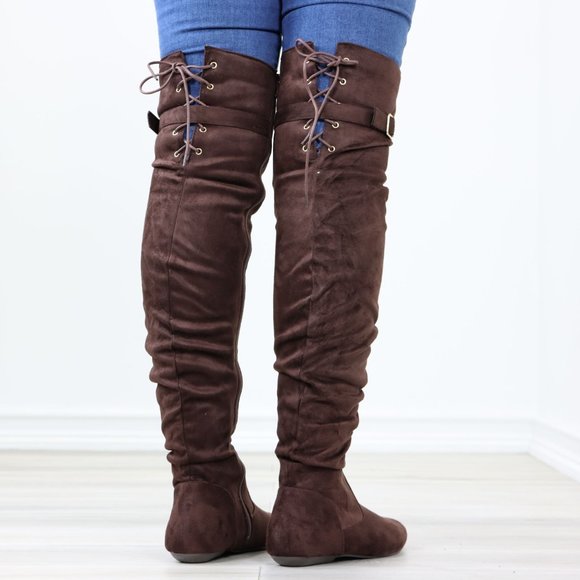 Brown Thigh High Over The Knee Flat Boots Faux Suede Laced Back - Picture 7 of 14